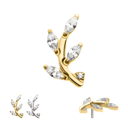 Gold Marquise leaf branch cz Threadless