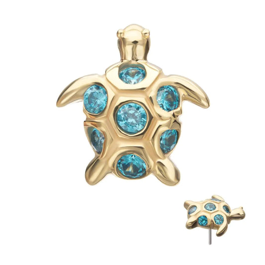 Gold Sea Turtle with aqua cz threadless