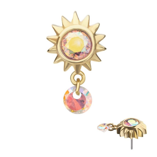 Yellow gold Sun with AB crystal dangle threadless