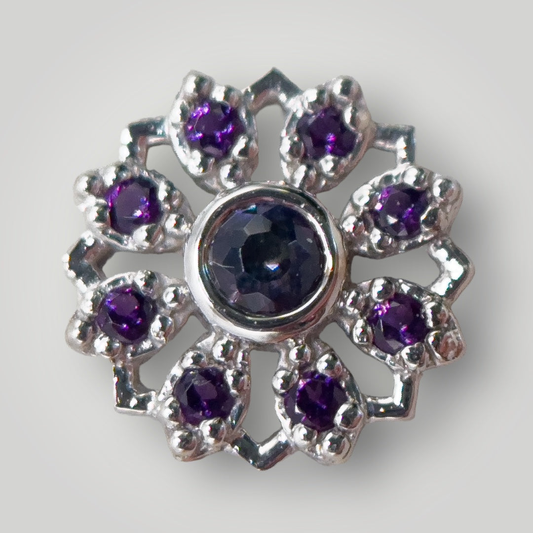 Rosette in white gold 16 ga threaded bead amethyst and mystic topaz