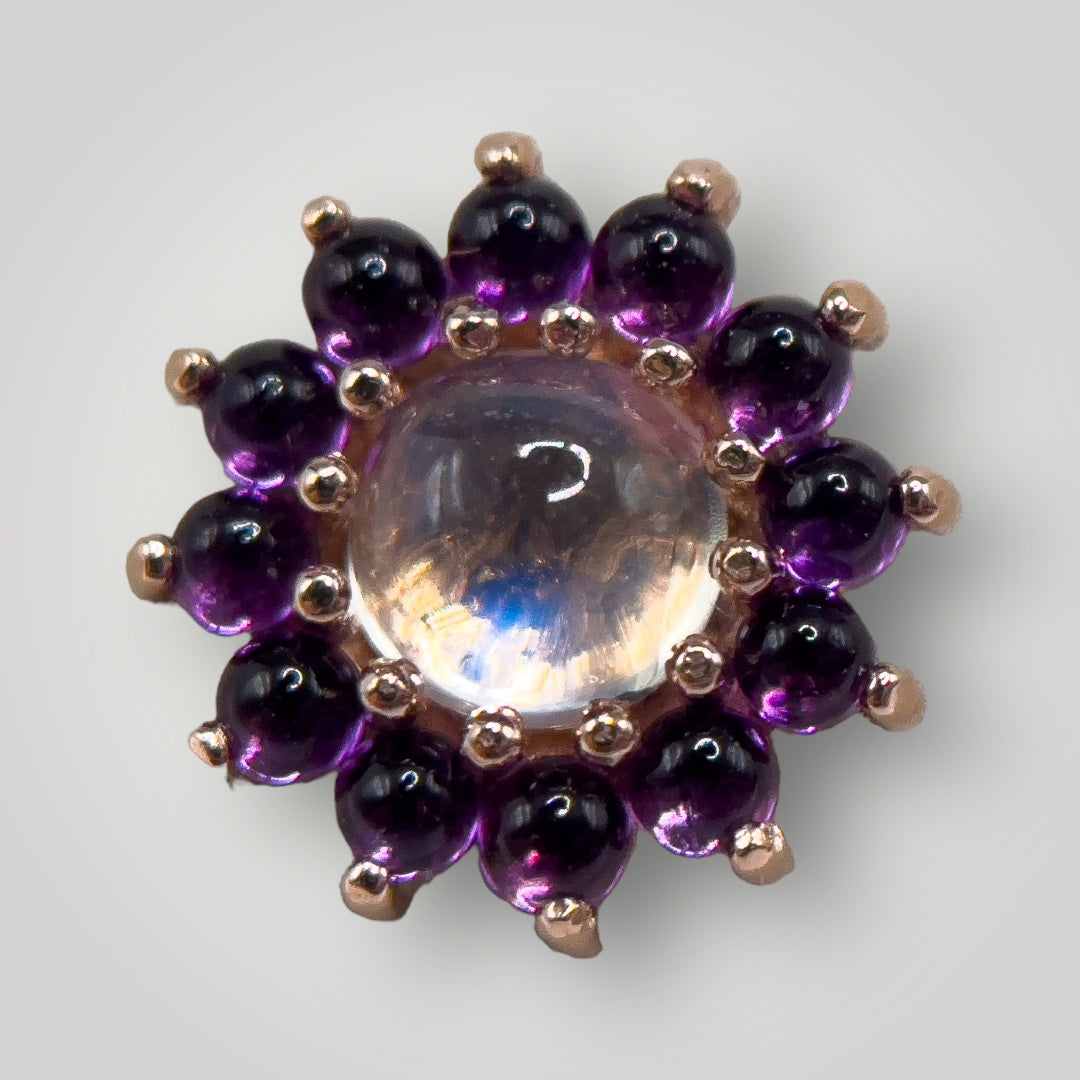 Rose cabochon cluster rose gold Amethyst and rainbow moonstone threaded bead