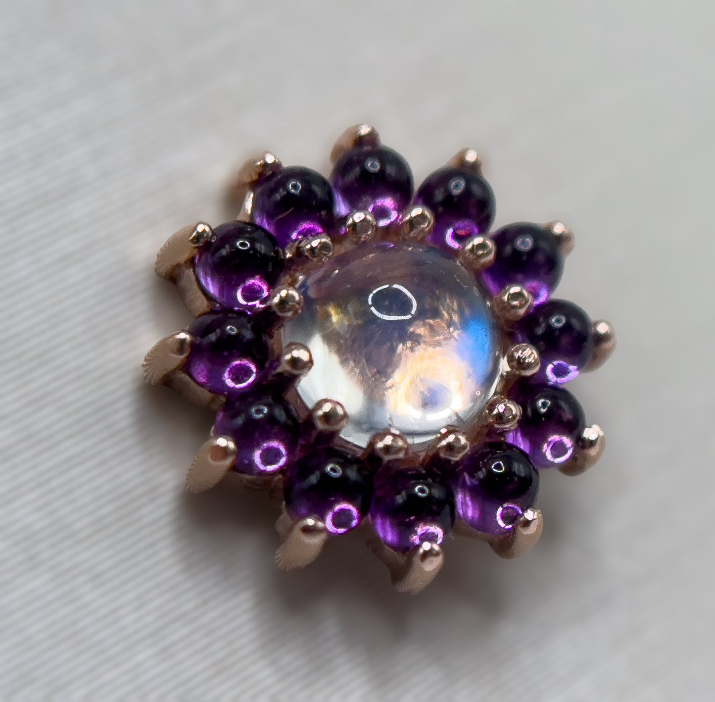 Rose cabochon cluster rose gold Amethyst and rainbow moonstone threaded bead