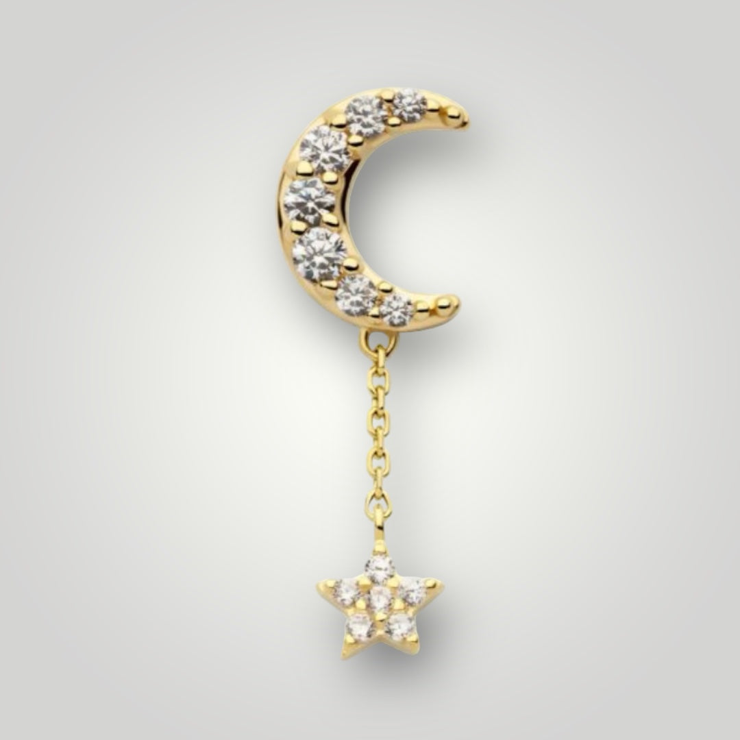 Moon w/ Dangle Star with Cubic Zirconia in 14kt Yellow Gold